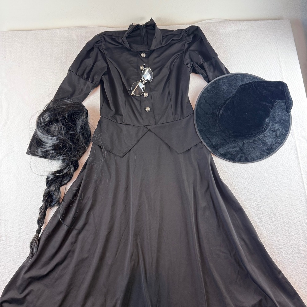 Victorian Alphaba Witch Costume Set Black Maxi Dress Hat Wig Glasses Size M